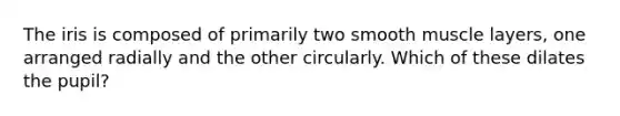 The iris is composed of primarily two smooth muscle layers, one arranged radially and the other circularly. Which of these dilates the pupil?