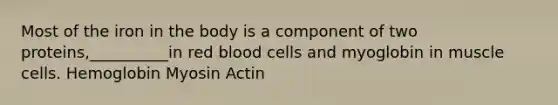 Most of the iron in the body is a component of two proteins,__________in red blood cells and myoglobin in muscle cells. Hemoglobin Myosin Actin