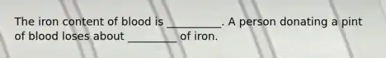 The iron content of blood is __________. A person donating a pint of blood loses about _________ of iron.