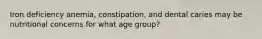 Iron deficiency anemia, constipation, and dental caries may be nutritional concerns for what age group?