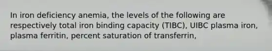 In iron deficiency anemia, the levels of the following are respectively total iron binding capacity (TIBC), UIBC plasma iron, plasma ferritin, percent saturation of transferrin,