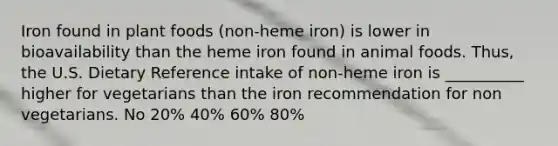 Iron found in plant foods (non-heme iron) is lower in bioavailability than the heme iron found in animal foods. Thus, the U.S. Dietary Reference intake of non-heme iron is __________ higher for vegetarians than the iron recommendation for non vegetarians. No 20% 40% 60% 80%