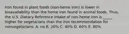 Iron found in plant foods (non-heme iron) is lower in bioavailability than the heme iron found in animal foods. Thus, the U.S. Dietary Reference Intake of non-heme iron is _____ higher for vegetarians than the iron recommendation for nonvegetarians: A. no B. 20% C. 40% D. 60% E. 80%