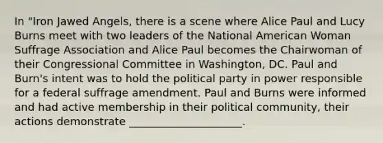 In "Iron Jawed Angels, there is a scene where Alice Paul and Lucy Burns meet with two leaders of the National American Woman Suffrage Association and Alice Paul becomes the Chairwoman of their Congressional Committee in Washington, DC. Paul and Burn's intent was to hold the political party in power responsible for a federal suffrage amendment. Paul and Burns were informed and had active membership in their political community, their actions demonstrate _____________________.