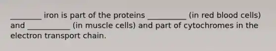 ________ iron is part of the proteins __________ (in red blood cells) and ___________ (in muscle cells) and part of cytochromes in the electron transport chain.