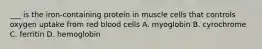 ___ is the iron-containing protein in muscle cells that controls oxygen uptake from red blood cells A. myoglobin B. cyrochrome C. ferritin D. hemoglobin