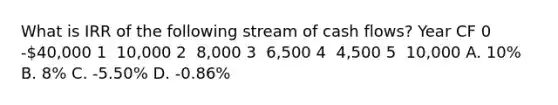 What is IRR of the following stream of cash​ flows? Year CF 0 ​ -40,000 1 ​ 10,000 2 ​ 8,000 3 ​ 6,500 4 ​ 4,500 5 ​ 10,000 A. 10% B. ​8% C. -5.50% D. -0.86%