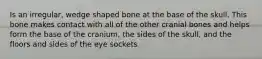 Is an irregular, wedge shaped bone at the base of the skull. This bone makes contact with all of the other cranial bones and helps form the base of the cranium, the sides of the skull, and the floors and sides of the eye sockets