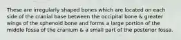 These are irregularly shaped bones which are located on each side of the cranial base between the occipital bone & greater wings of the sphenoid bone and forms a large portion of the middle fossa of the cranium & a small part of the posterior fossa.