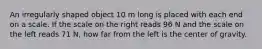 An irregularly shaped object 10 m long is placed with each end on a scale. If the scale on the right reads 96 N and the scale on the left reads 71 N, how far from the left is the center of gravity.