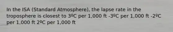 In the ISA (Standard Atmosphere), the lapse rate in the troposphere is closest to 3ºC per 1,000 ft -3ºC per 1,000 ft -2ºC per 1,000 ft 2ºC per 1,000 ft