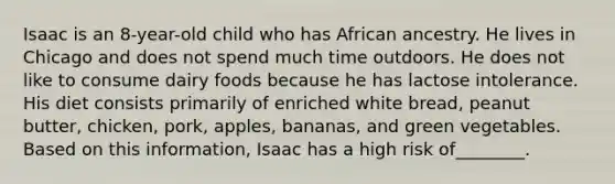 Isaac is an 8-year-old child who has African ancestry. He lives in Chicago and does not spend much time outdoors. He does not like to consume dairy foods because he has lactose intolerance. His diet consists primarily of enriched white bread, peanut butter, chicken, pork, apples, bananas, and green vegetables. Based on this information, Isaac has a high risk of________.