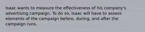 Isaac wants to measure the effectiveness of his company's advertising campaign. To do so, Isaac will have to assess elements of the campaign before, during, and after the campaign runs.