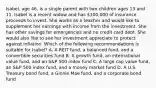 Isabel, age 46, is a single parent with two children ages 13 and 11. Isabel is a recent widow and has 100,000 of insurance proceeds to invest. She works as a teacher and would like to supplement her earnings with income from the investment. She has other savings for emergencies and no credit card debt. She would also like to see her investment appreciate to protect against inflation. Which of the following recommendations is suitable for Isabel? A. A REIT fund, a balanced fund, and a convertible securities fund B. A growth fund, an international value fund, and an S&P 500 index fund C. A large cap value fund, an S&P 500 index fund, and a money market fund D. A U.S. Treasury bond fund, a Ginnie Mae fund, and a corporate bond fund