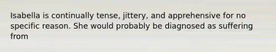 Isabella is continually tense, jittery, and apprehensive for no specific reason. She would probably be diagnosed as suffering from