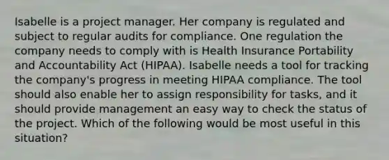 Isabelle is a project manager. Her company is regulated and subject to regular audits for compliance. One regulation the company needs to comply with is Health Insurance Portability and Accountability Act (HIPAA). Isabelle needs a tool for tracking the company's progress in meeting HIPAA compliance. The tool should also enable her to assign responsibility for tasks, and it should provide management an easy way to check the status of the project. Which of the following would be most useful in this situation?