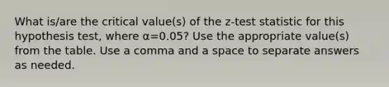 What is/are the critical value(s) of the z-test statistic for this hypothesis test, where α=0.05? Use the appropriate value(s) from the table. Use a comma and a space to separate answers as needed.