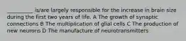 __________ is/are largely responsible for the increase in brain size during the first two years of life. A The growth of synaptic connections B The multiplication of glial cells C The production of new neurons D The manufacture of neurotransmitters