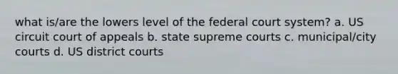 what is/are the lowers level of the federal court system? a. US circuit court of appeals b. state supreme courts c. municipal/city courts d. US district courts