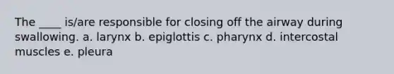 The ____ is/are responsible for closing off the airway during swallowing.​ a. ​larynx b. ​epiglottis c. ​pharynx d. ​intercostal muscles e. pleura