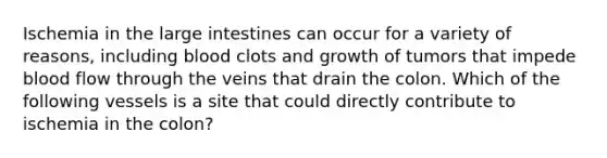 Ischemia in the large intestines can occur for a variety of reasons, including blood clots and growth of tumors that impede blood flow through the veins that drain the colon. Which of the following vessels is a site that could directly contribute to ischemia in the colon?