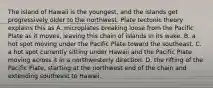 The island of Hawaii is the youngest, and the islands get progressively older to the northwest. Plate tectonic theory explains this as A. microplates breaking loose from the Pacific Plate as it moves, leaving this chain of islands in its wake. B. a hot spot moving under the Pacific Plate toward the southeast. C. a hot spot currently sitting under Hawaii and the Pacific Plate moving across it in a northwesterly direction. D. the rifting of the Pacific Plate, starting at the northwest end of the chain and extending southeast to Hawaii.