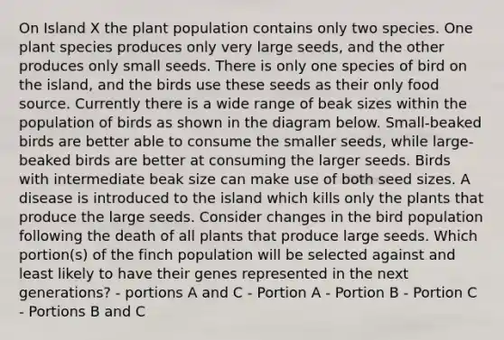 On Island X the plant population contains only two species. One plant species produces only very large seeds, and the other produces only small seeds. There is only one species of bird on the island, and the birds use these seeds as their only food source. Currently there is a wide range of beak sizes within the population of birds as shown in the diagram below. Small-beaked birds are better able to consume the smaller seeds, while large-beaked birds are better at consuming the larger seeds. Birds with intermediate beak size can make use of both seed sizes. A disease is introduced to the island which kills only the plants that produce the large seeds. Consider changes in the bird population following the death of all plants that produce large seeds. Which portion(s) of the finch population will be selected against and least likely to have their genes represented in the next generations? - portions A and C - Portion A - Portion B - Portion C - Portions B and C