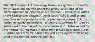 The ISO Business Auto Coverage Form uses symbols to identify which autos are covered under the policy. Which one of the following would be covered under Symbol 9 - Non-Owned Autos Only? Choose one answer. A. Autos specifically identified and described in the policy for which a premium is shown. B. Autos rented or leased and used as temporary substitutes for covered autos used in the named insured's business. C. Autos owned by the named insured that are other than private passenger autos. D. Autos owned by the named insured's employees while being used in the named insured's business.