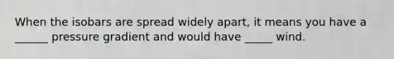 When the isobars are spread widely apart, it means you have a ______ pressure gradient and would have _____ wind.
