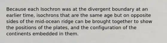 Because each Isochron was at the divergent boundary at an earlier time, isochrons that are the same age but on opposite sides of the mid-ocean ridge can be brought together to show the positions of the plates, and the configuration of the continents embedded in them.