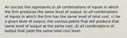 An isocost line represents a) all combinations of inputs in which the firm produces the same level of output. b) all combinations of inputs in which the firm has the same level of total cost. c) for a given level of output, the various points that will produce that same level of output at the same cost. d) all combinations of output that yield the same total cost level.