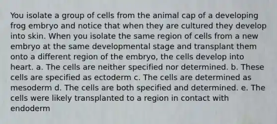 You isolate a group of cells from the animal cap of a developing frog embryo and notice that when they are cultured they develop into skin. When you isolate the same region of cells from a new embryo at the same developmental stage and transplant them onto a different region of the embryo, the cells develop into heart. a. The cells are neither specified nor determined. b. These cells are specified as ectoderm c. The cells are determined as mesoderm d. The cells are both specified and determined. e. The cells were likely transplanted to a region in contact with endoderm