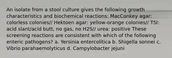 An isolate from a stool culture gives the following growth characteristics and <a href='https://www.questionai.com/knowledge/kVn7fMxiFS-biochemical-reactions' class='anchor-knowledge'>biochemical reactions</a>: MacConkey agar: colorless colonies// Hektoen agar: yellow-orange colonies// TSI: acid slant/acid butt, no gas, no H2S// urea: positive These screening reactions are consistent with which of the following enteric pathogens? a. Yersinia entercolitica b. Shigella sonnei c. Vibrio parahaemolyticus d. Campylobacter jejuni