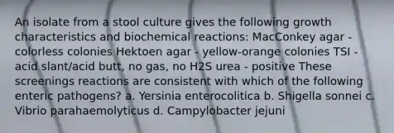 An isolate from a stool culture gives the following growth characteristics and biochemical reactions: MacConkey agar - colorless colonies Hektoen agar - yellow-orange colonies TSI - acid slant/acid butt, no gas, no H2S urea - positive These screenings reactions are consistent with which of the following enteric pathogens? a. Yersinia enterocolitica b. Shigella sonnei c. Vibrio parahaemolyticus d. Campylobacter jejuni