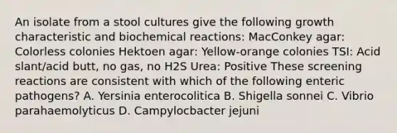 An isolate from a stool cultures give the following growth characteristic and <a href='https://www.questionai.com/knowledge/kVn7fMxiFS-biochemical-reactions' class='anchor-knowledge'>biochemical reactions</a>: MacConkey agar: Colorless colonies Hektoen agar: Yellow-orange colonies TSI: Acid slant/acid butt, no gas, no H2S Urea: Positive These screening reactions are consistent with which of the following enteric pathogens? A. Yersinia enterocolitica B. Shigella sonnei C. Vibrio parahaemolyticus D. Campylocbacter jejuni