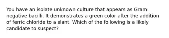 You have an isolate unknown culture that appears as Gram-negative bacilli. It demonstrates a green color after the addition of ferric chloride to a slant. Which of the following is a likely candidate to suspect?