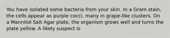 You have isolated some bacteria from your skin. In a Gram stain, the cells appear as purple cocci, many in grape-like clusters. On a Mannitol Salt Agar plate, the organism grows well and turns the plate yellow. A likely suspect is