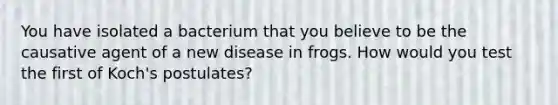 You have isolated a bacterium that you believe to be the causative agent of a new disease in frogs. How would you test the first of Koch's postulates?