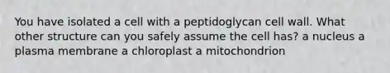 You have isolated a cell with a peptidoglycan cell wall. What other structure can you safely assume the cell has? a nucleus a plasma membrane a chloroplast a mitochondrion