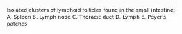 Isolated clusters of lymphoid follicles found in the small intestine: A. Spleen B. Lymph node C. Thoracic duct D. Lymph E. Peyer's patches