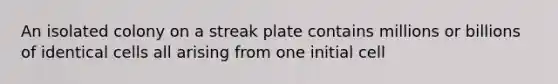 An isolated colony on a streak plate contains millions or billions of identical cells all arising from one initial cell