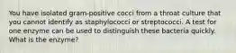 You have isolated gram-positive cocci from a throat culture that you cannot identify as staphylococci or streptococci. A test for one enzyme can be used to distinguish these bacteria quickly. What is the enzyme?