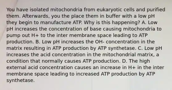 You have isolated mitochondria from eukaryotic cells and purified them. Afterwards, you the place them in buffer with a low pH they begin to manufacture ATP. Why is this happening? A. Low pH increases the concentration of base causing mitochondria to pump out H+ to the inter membrane space leading to ATP production. B. Low pH increases the OH- concentration in the matrix resulting in ATP production by ATP synthetase. C. Low pH increases the acid concentration in the mitochondrial matrix, a condition that normally causes ATP production. D. The high external acid concentration causes an increase in H+ in the inter membrane space leading to increased ATP production by ATP synthetase.