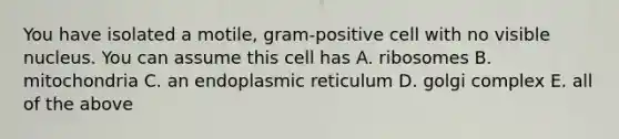 You have isolated a motile, gram-positive cell with no visible nucleus. You can assume this cell has A. ribosomes B. mitochondria C. an endoplasmic reticulum D. golgi complex E. all of the above