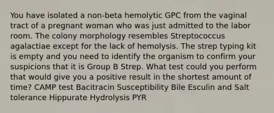 You have isolated a non-beta hemolytic GPC from the vaginal tract of a pregnant woman who was just admitted to the labor room. The colony morphology resembles Streptococcus agalactiae except for the lack of hemolysis. The strep typing kit is empty and you need to identify the organism to confirm your suspicions that it is Group B Strep. What test could you perform that would give you a positive result in the shortest amount of time? CAMP test Bacitracin Susceptibility Bile Esculin and Salt tolerance Hippurate Hydrolysis PYR