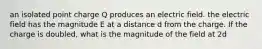 an isolated point charge Q produces an electric field. the electric field has the magnitude E at a distance d from the charge. If the charge is doubled, what is the magnitude of the field at 2d