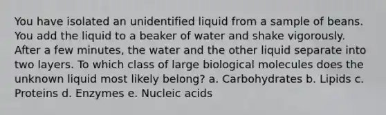 You have isolated an unidentified liquid from a sample of beans. You add the liquid to a beaker of water and shake vigorously. After a few minutes, the water and the other liquid separate into two layers. To which class of large biological molecules does the unknown liquid most likely belong? a. Carbohydrates b. Lipids c. Proteins d. Enzymes e. Nucleic acids