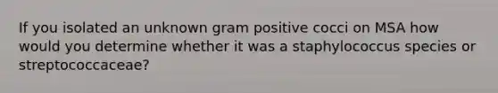 If you isolated an unknown gram positive cocci on MSA how would you determine whether it was a staphylococcus species or streptococcaceae?
