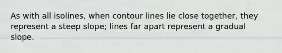 As with all isolines, when contour lines lie close together, they represent a steep slope; lines far apart represent a gradual slope.