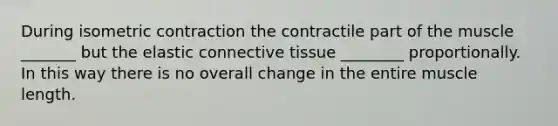 During isometric contraction the contractile part of the muscle _______ but the elastic connective tissue ________ proportionally. In this way there is no overall change in the entire muscle length.